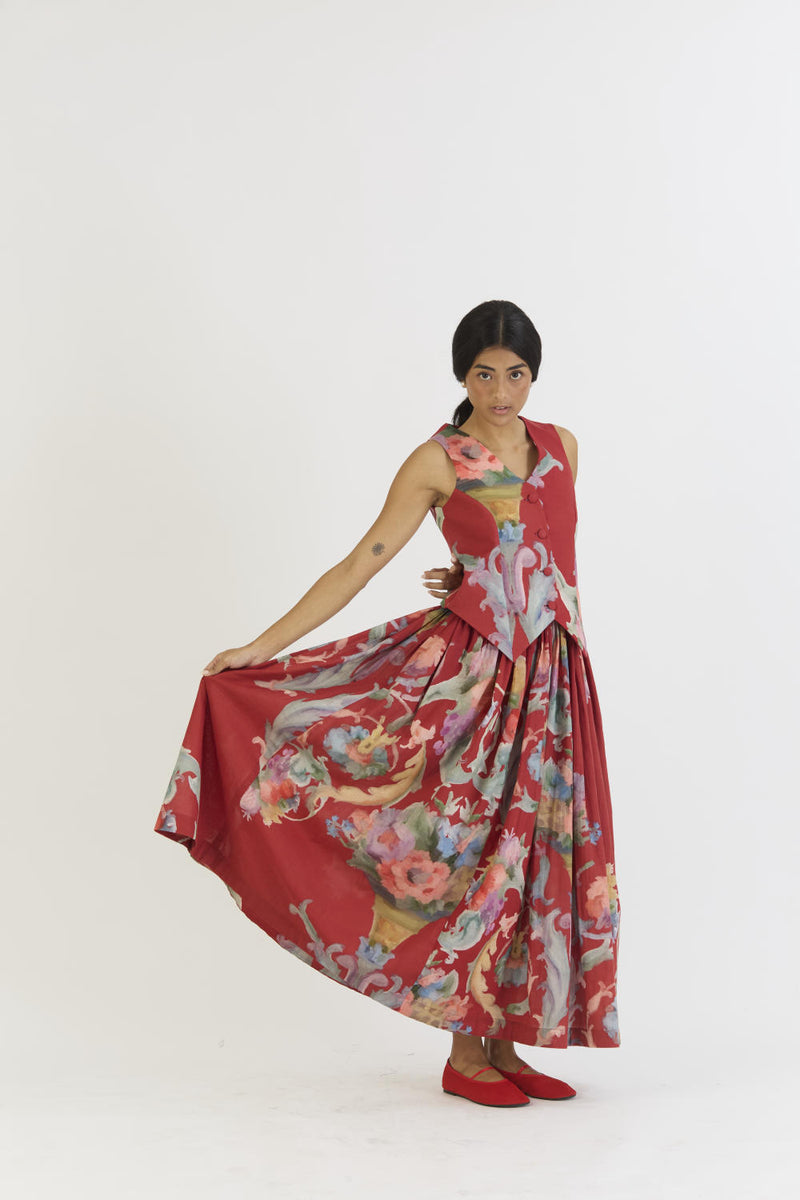 CRANBERRY WAISTCOAT AND SKIRT SET cotton by Yam in red color for women in Singapore