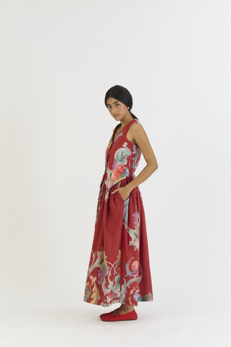 CRANBERRY WAISTCOAT AND SKIRT SET cotton by Yam in red color for women in Singapore