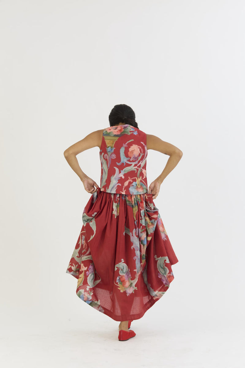 CRANBERRY WAISTCOAT AND SKIRT SET cotton by Yam in red color for women in Singapore