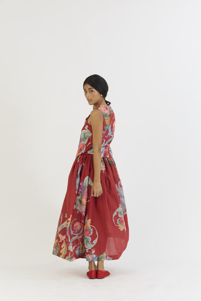 CRANBERRY WAISTCOAT AND SKIRT SET cotton by Yam in red color for women in Singapore