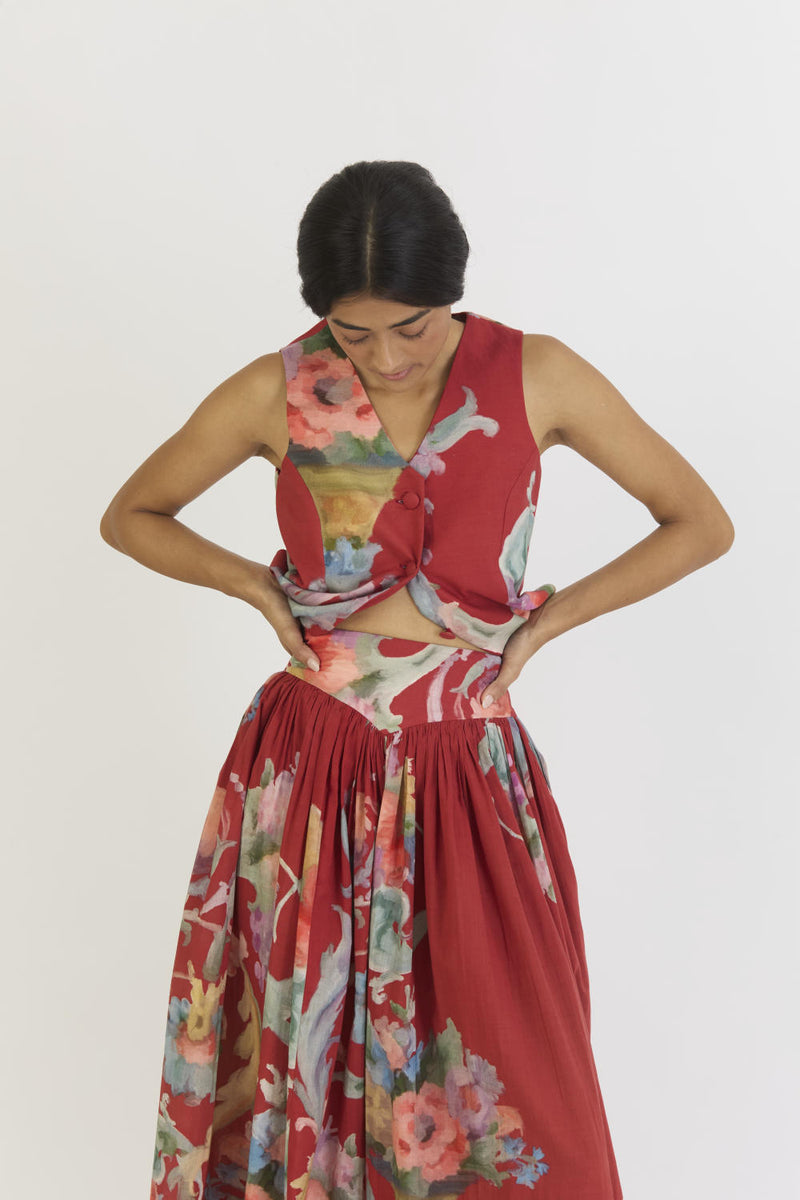 CRANBERRY WAISTCOAT AND SKIRT SET cotton by Yam in red color for women in Singapore