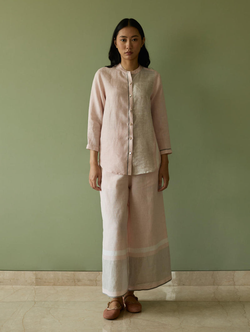 Aline Mandarin Collar Border Linen Shirt-Blush linen by Manan in blush color for women in Singapore