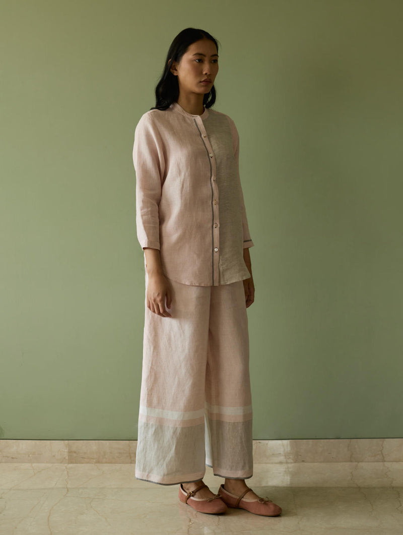 Aline Mandarin Collar Border Linen Shirt-Blush linen by Manan in blush color for women in Singapore