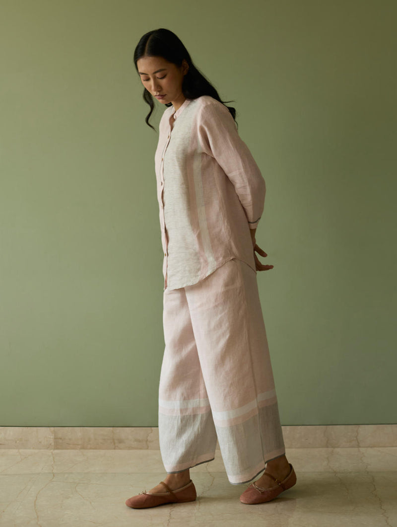 Aline Mandarin Collar Border Linen Shirt-Blush linen by Manan in blush color for women in Singapore
