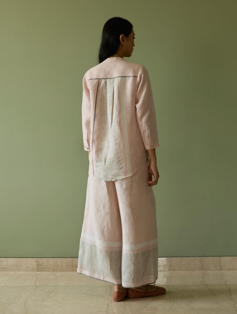 Aline Mandarin Collar Border Linen Shirt-Blush linen by Manan in blush color for women in Singapore