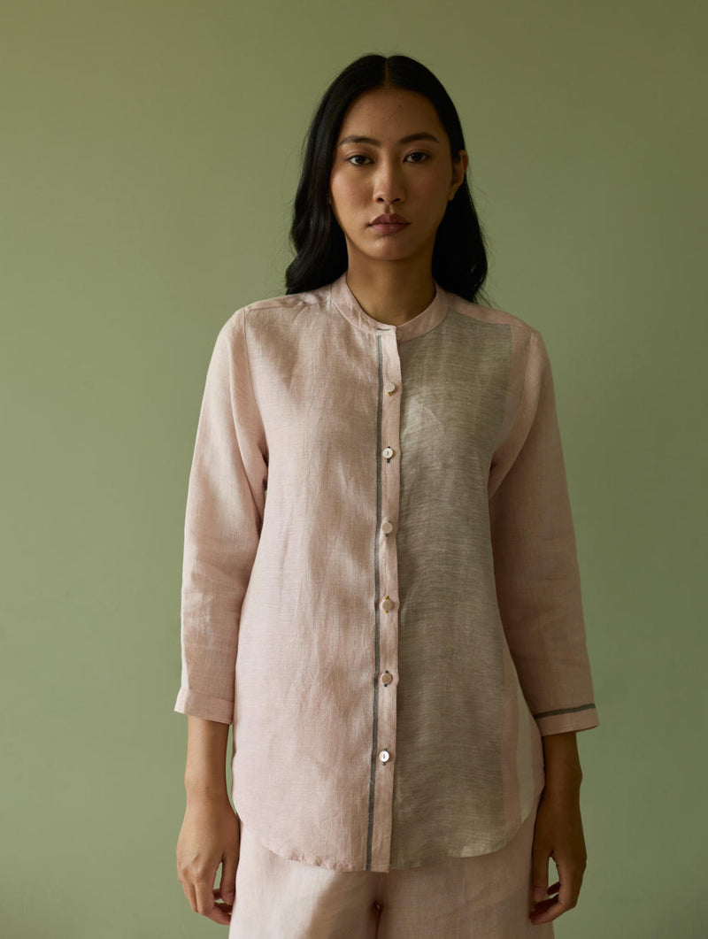 Aline Mandarin Collar Border Linen Shirt-Blush linen by Manan in blush color for women in Singapore