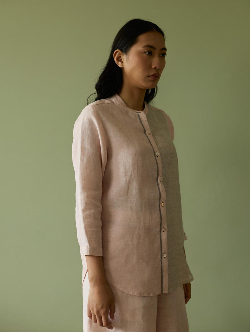 Aline Mandarin Collar Border Linen Shirt-Blush linen by Manan in blush color for women in Singapore