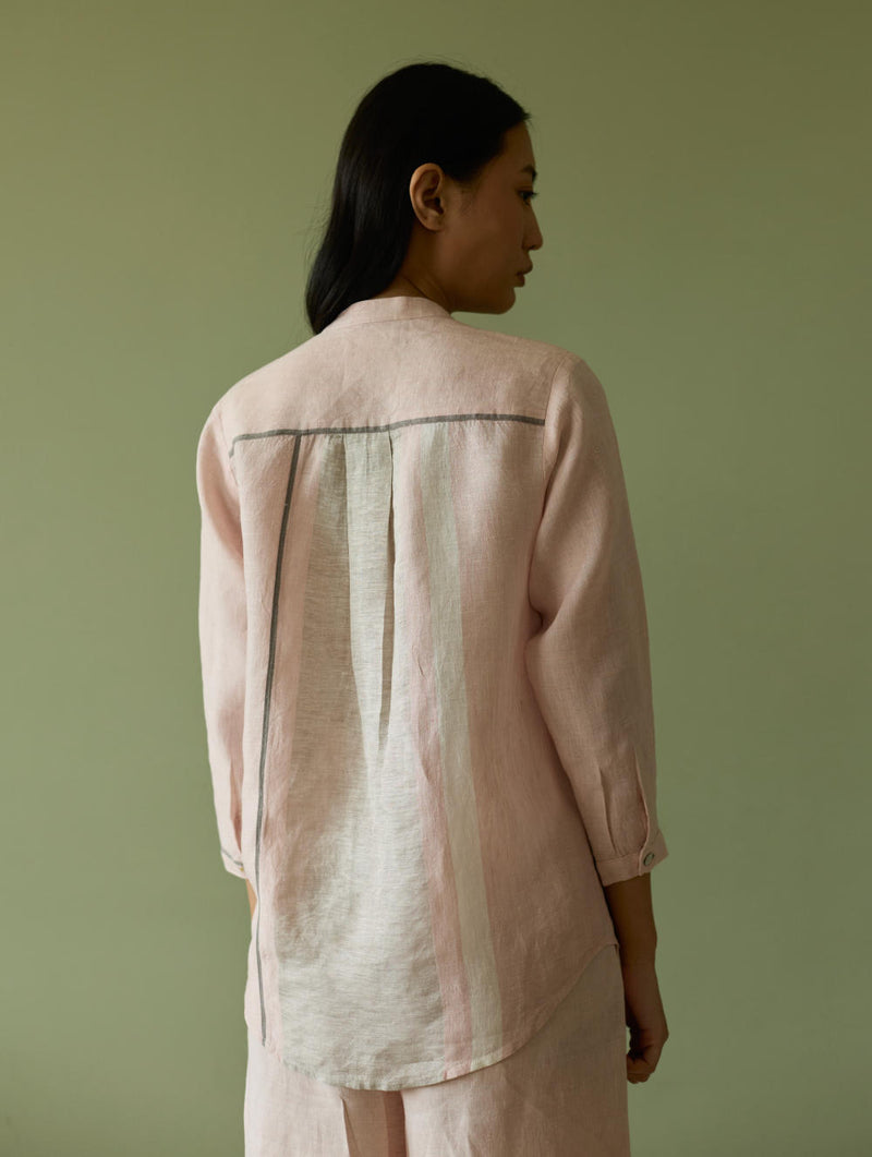 Aline Mandarin Collar Border Linen Shirt-Blush linen by Manan in blush color for women in Singapore