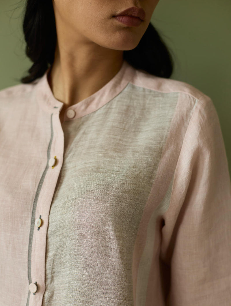 Aline Mandarin Collar Border Linen Shirt-Blush linen by Manan in blush color for women in Singapore