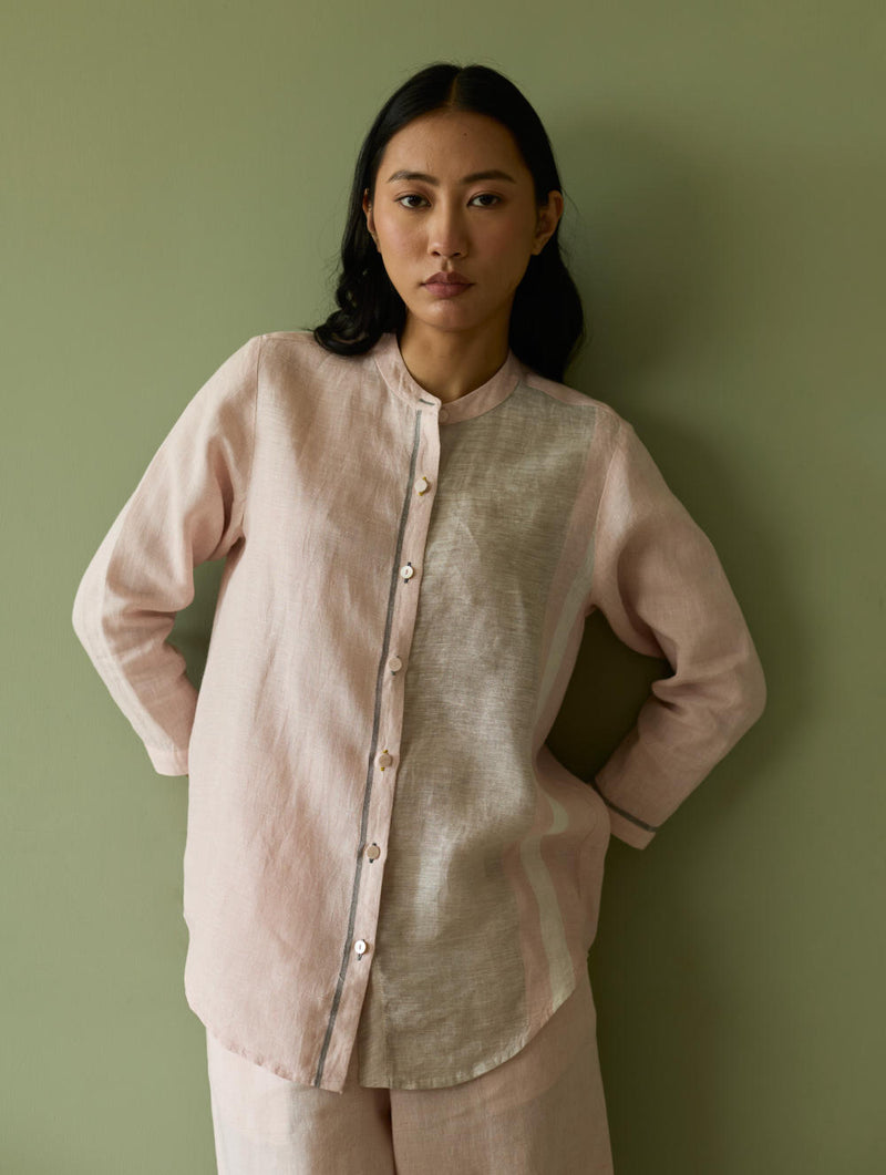 Aline Mandarin Collar Border Linen Shirt-Blush linen by Manan in blush color for women in Singapore