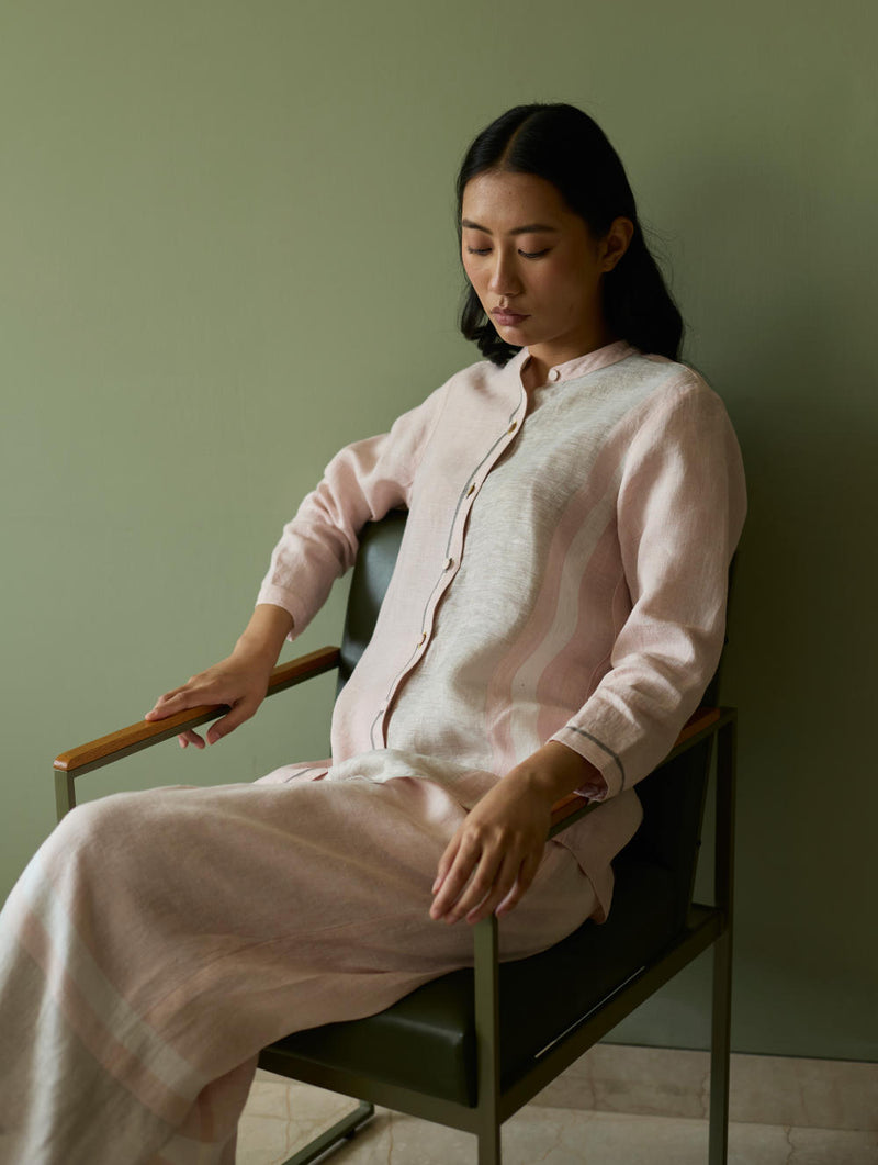 Aline Mandarin Collar Border Linen Shirt-Blush linen by Manan in blush color for women in Singapore