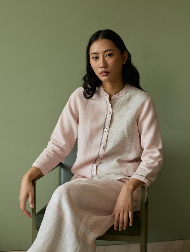 Aline Mandarin Collar Border Linen Shirt-Blush linen by Manan in blush color for women in Singapore