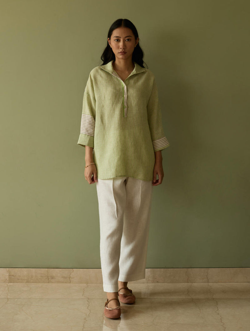 Risa Stripe Linen Shirt-Meadow linen by Manan in green color for women in Singapore