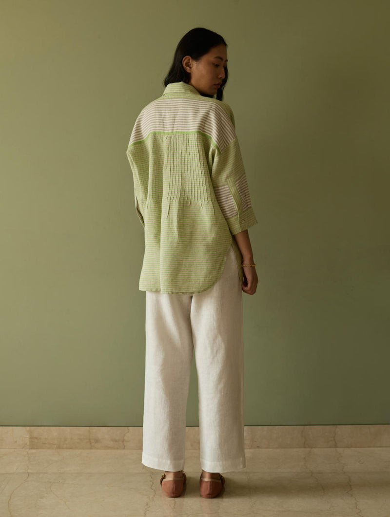 Risa Stripe Linen Shirt-Meadow linen by Manan in green color for women in Singapore