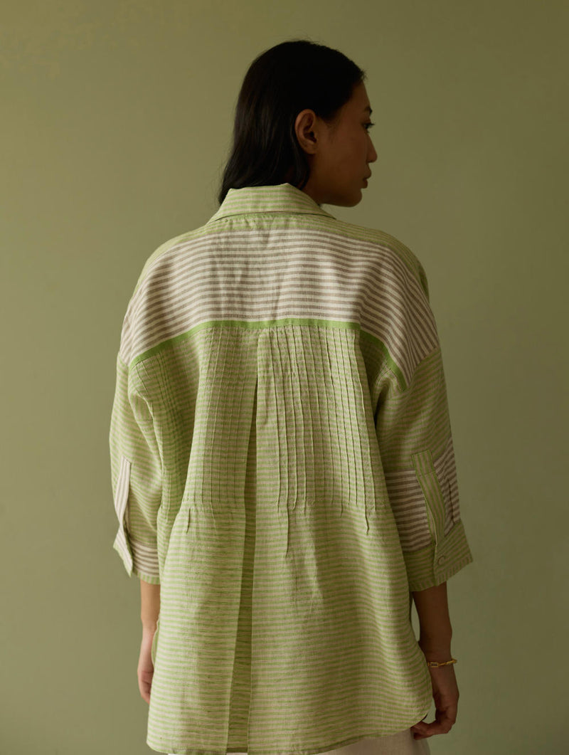 Risa Stripe Linen Shirt-Meadow linen by Manan in green color for women in Singapore