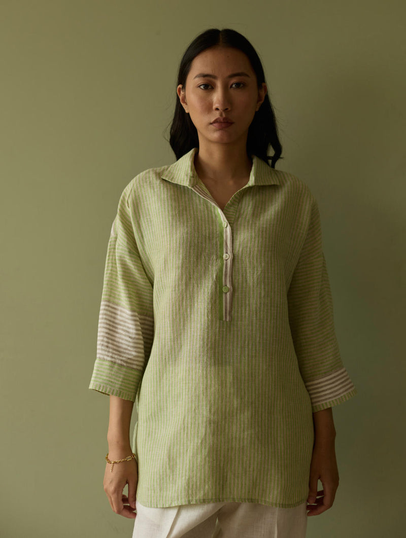 Risa Stripe Linen Shirt-Meadow linen by Manan in green color for women in Singapore