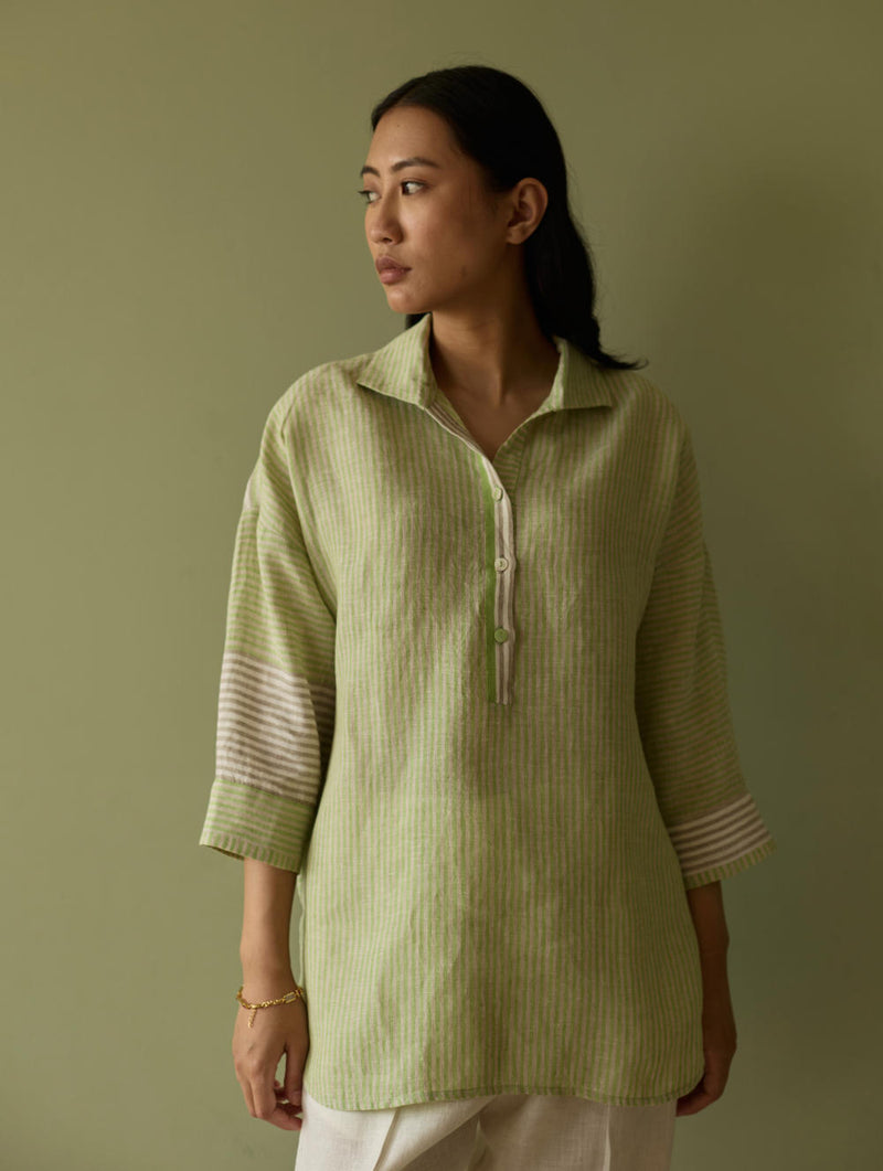 Risa Stripe Linen Shirt-Meadow linen by Manan in green color for women in Singapore