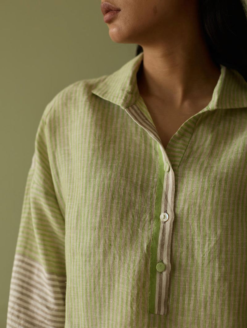 Risa Stripe Linen Shirt-Meadow linen by Manan in green color for women in Singapore