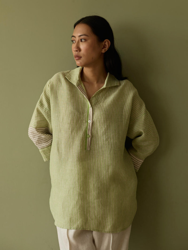 Risa Stripe Linen Shirt-Meadow linen by Manan in green color for women in Singapore