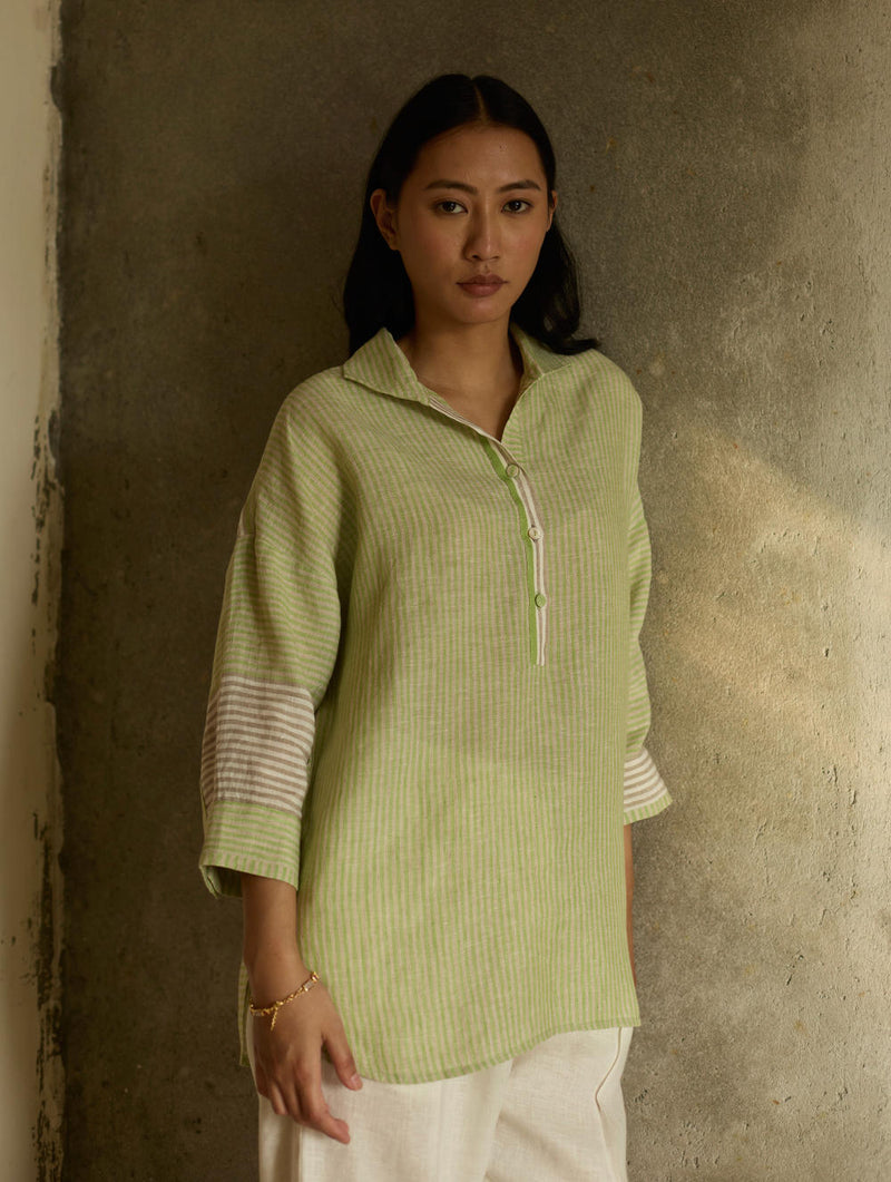 Risa Stripe Linen Shirt-Meadow linen by Manan in green color for women in Singapore