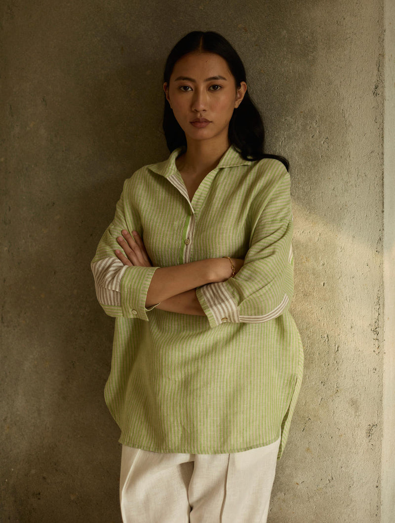 Risa Stripe Linen Shirt-Meadow linen by Manan in green color for women in Singapore