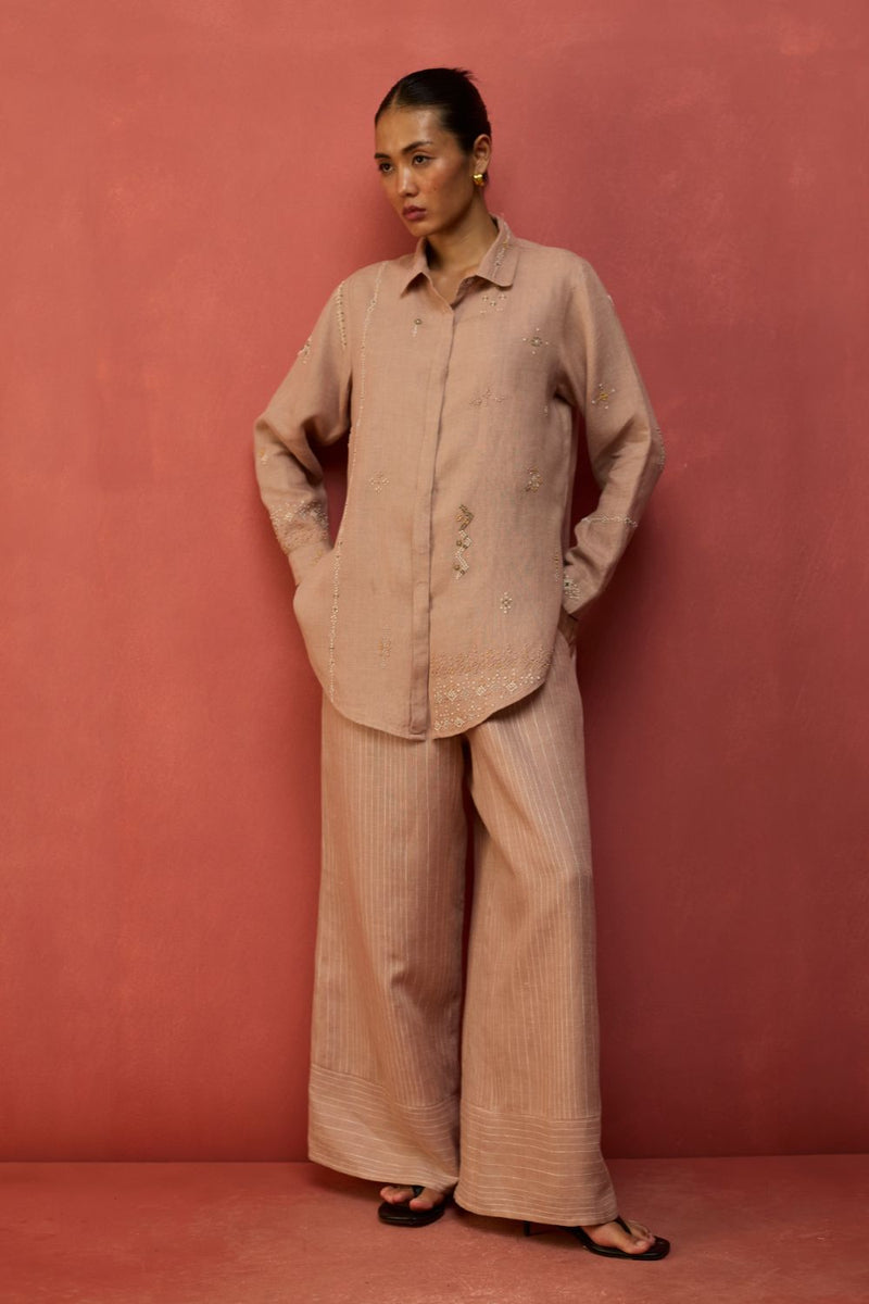 Kira Hand-Embroidered Linen Co-ord Set - Dusty Rose by Manan for in Singapore