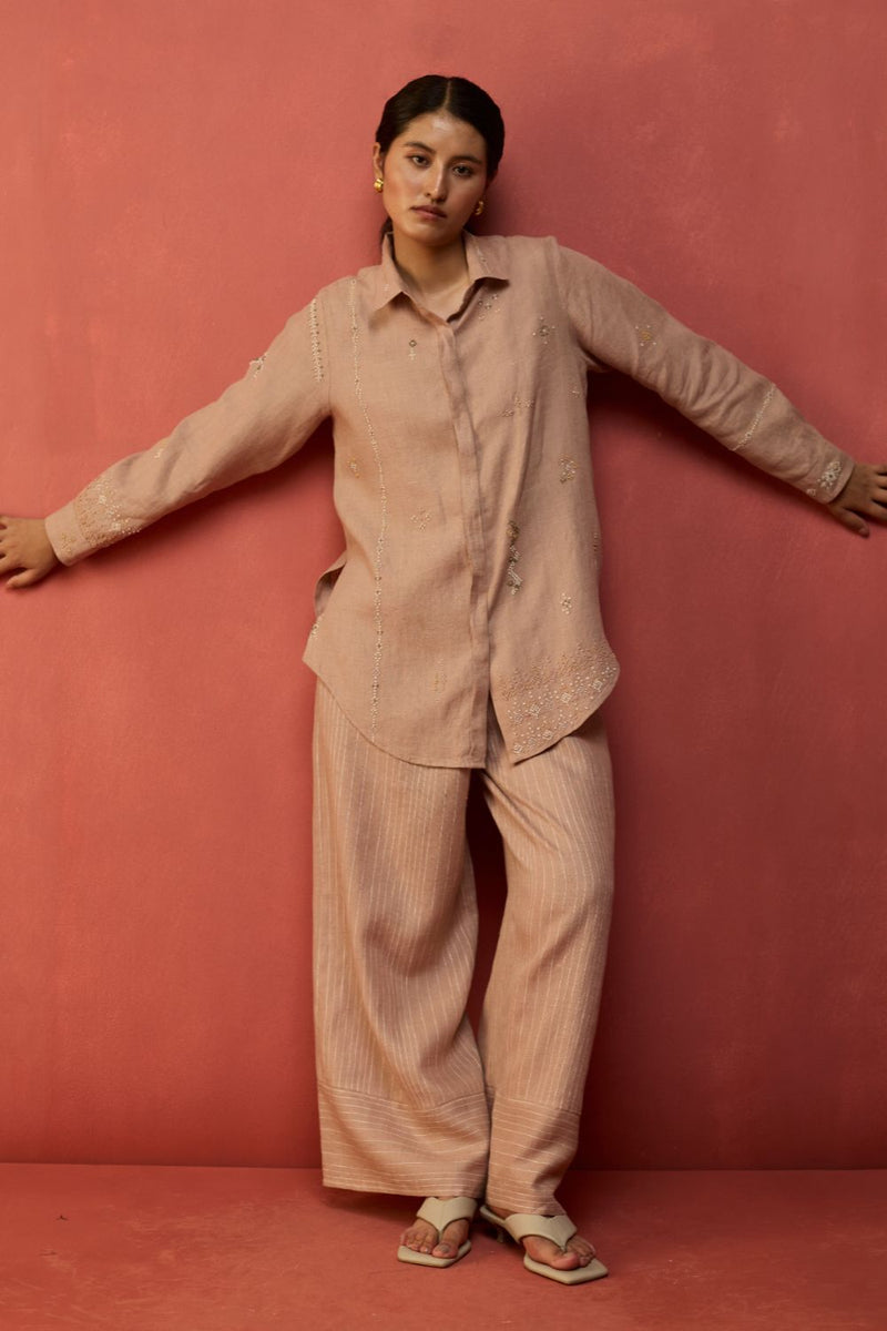 Kira Hand-Embroidered Linen Co-ord Set - Dusty Rose by Manan for in Singapore