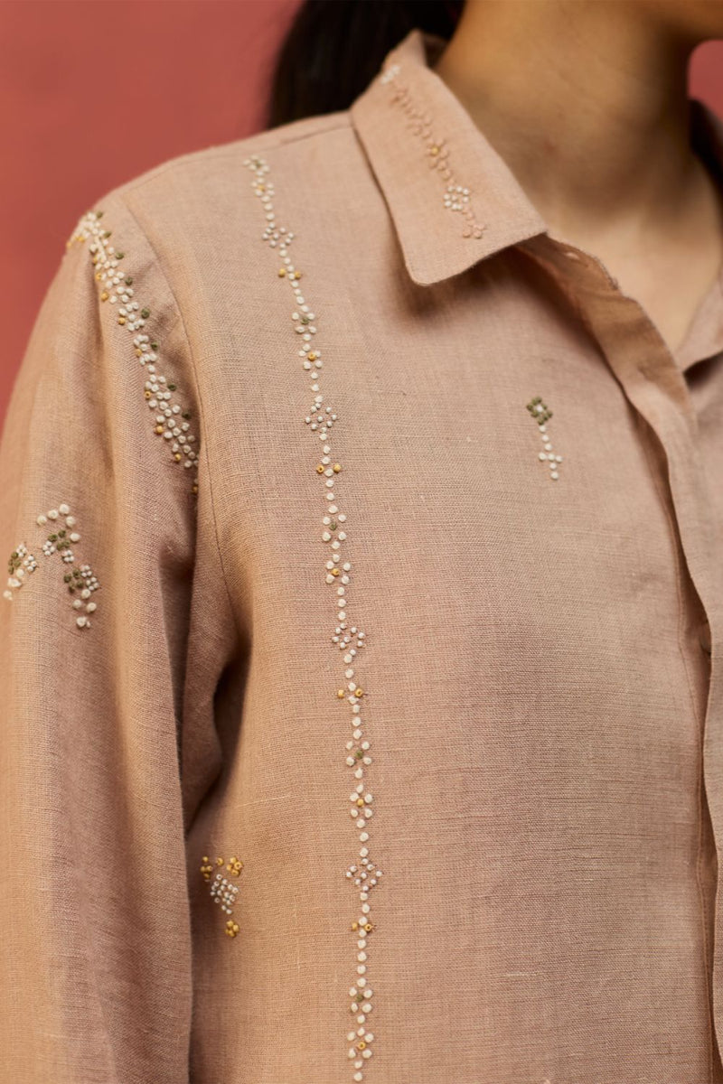 Kira Hand-Embroidered Linen Co-ord Set - Dusty Rose by Manan for in Singapore