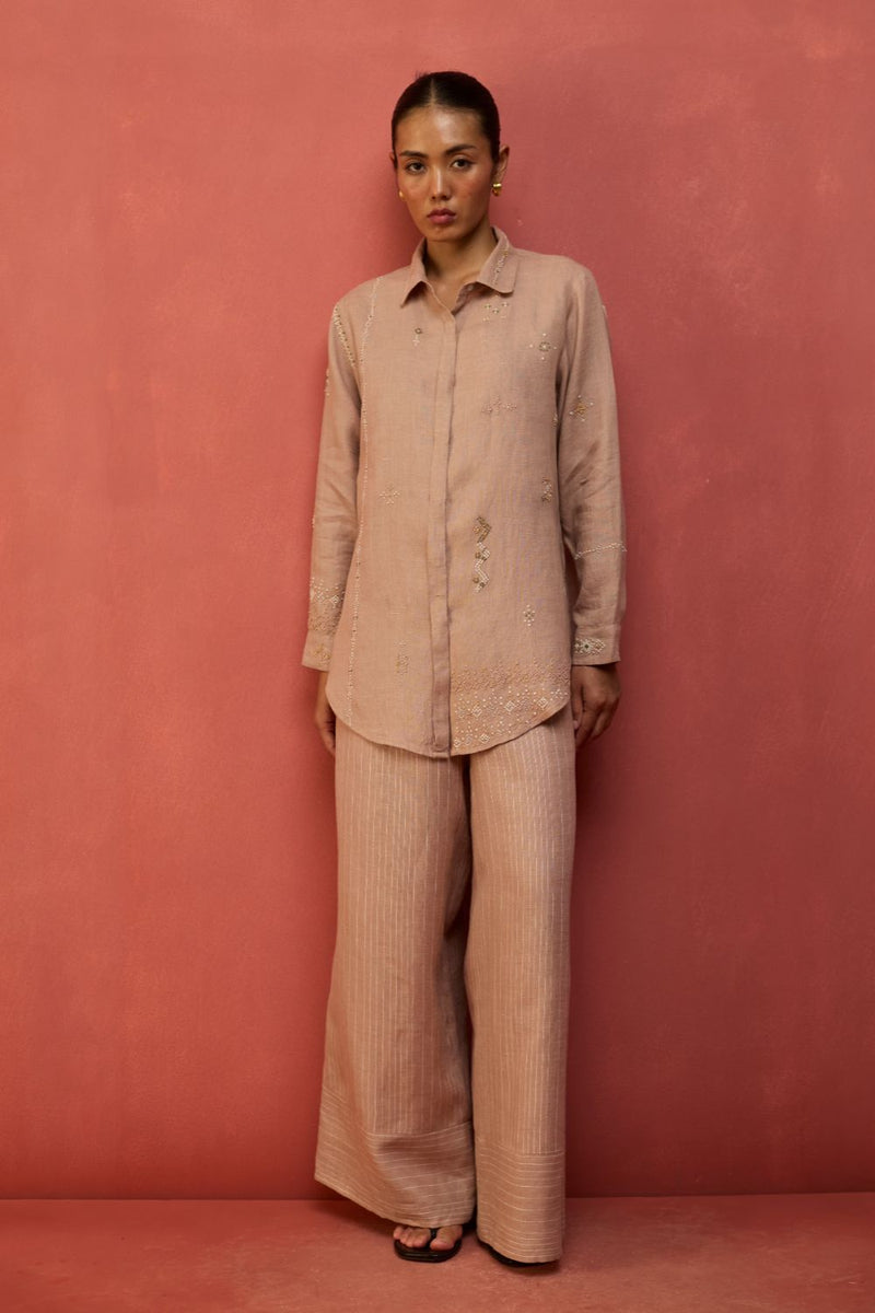 Kira Hand-Embroidered Linen Co-ord Set - Dusty Rose by Manan for in Singapore