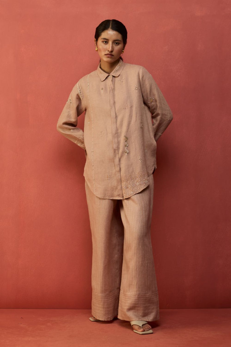 Kira Hand-Embroidered Linen Co-ord Set - Dusty Rose by Manan for in Singapore