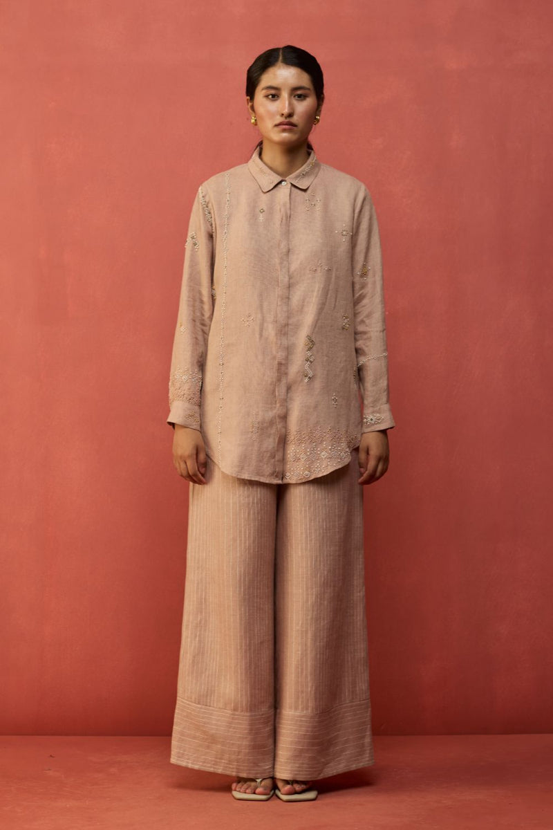Kira Hand-Embroidered Linen Co-ord Set - Dusty Rose by Manan for in Singapore