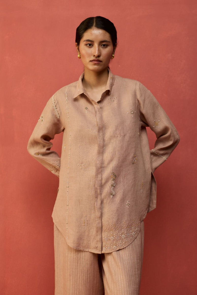 Kira Hand-Embroidered Linen Co-ord Set - Dusty Rose by Manan for in Singapore