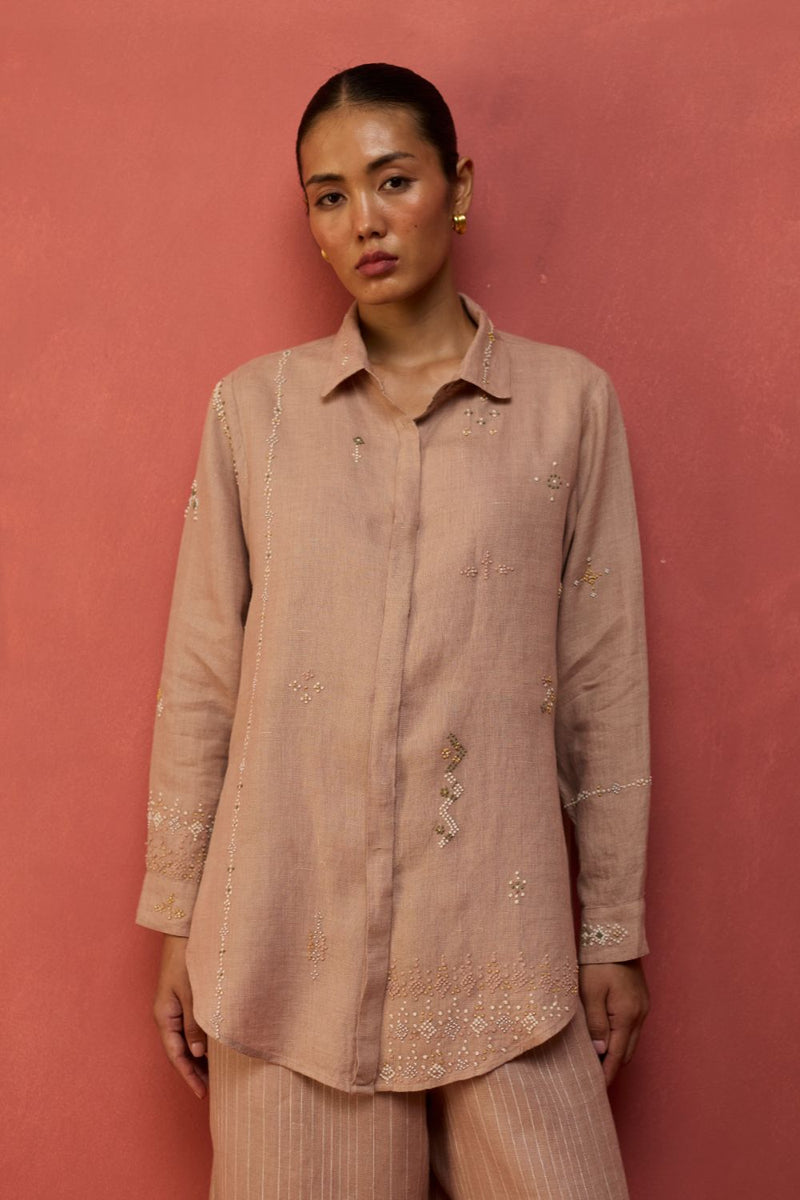 Kira Hand-Embroidered Linen Co-ord Set - Dusty Rose by Manan for in Singapore