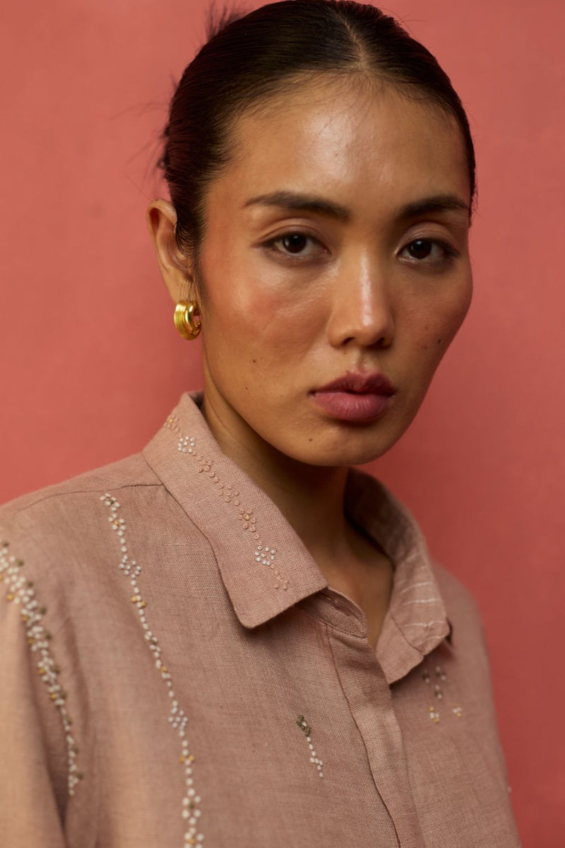 Kira Hand-Embroidered Linen Co-ord Set - Dusty Rose by Manan for in Singapore