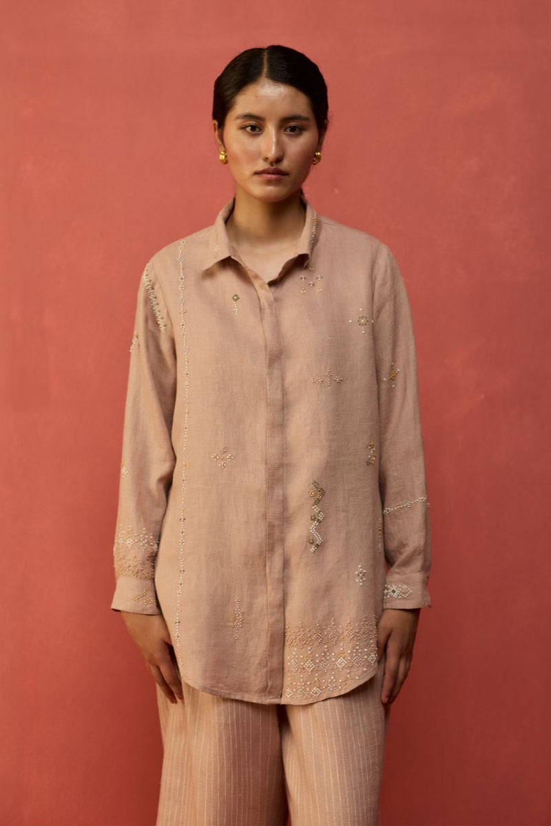 Kira Hand-Embroidered Linen Co-ord Set - Dusty Rose by Manan for in Singapore