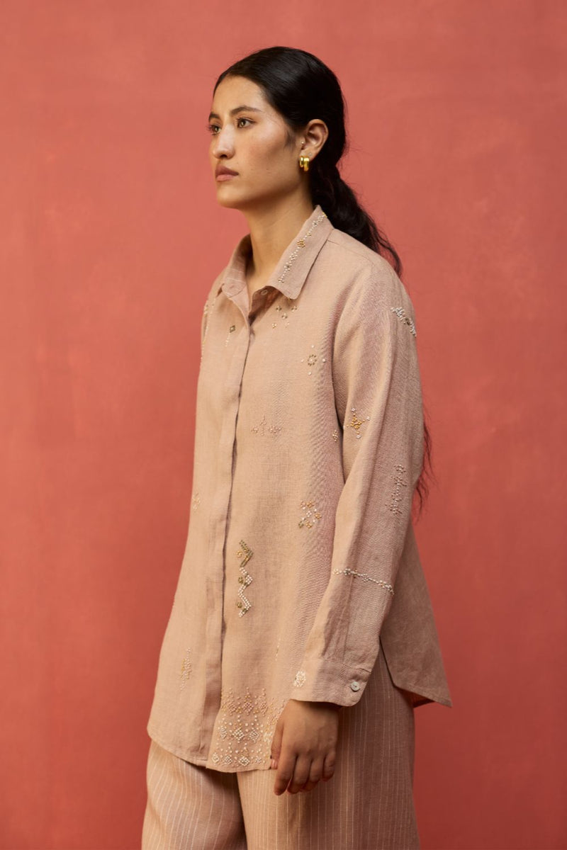 Kira Hand-Embroidered Linen Co-ord Set - Dusty Rose by Manan for in Singapore