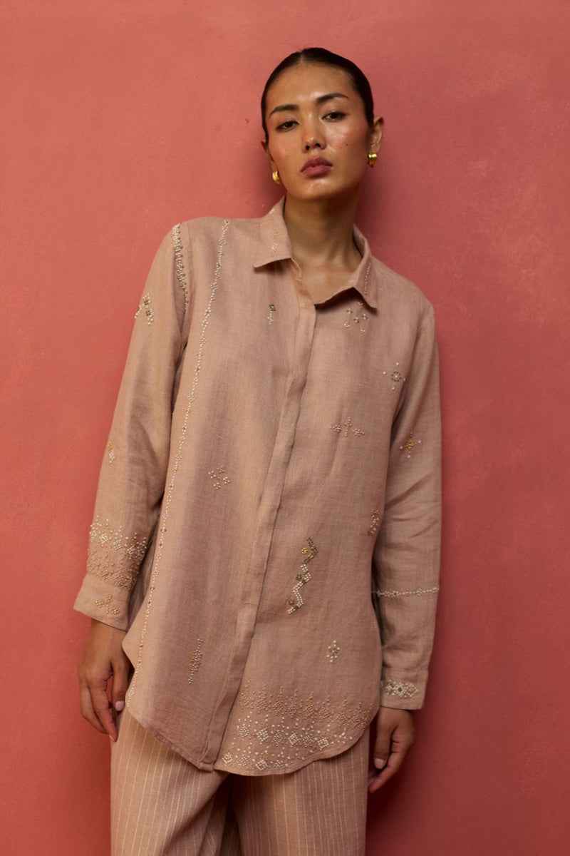 Kira Hand-Embroidered Linen Co-ord Set - Dusty Rose by Manan for in Singapore