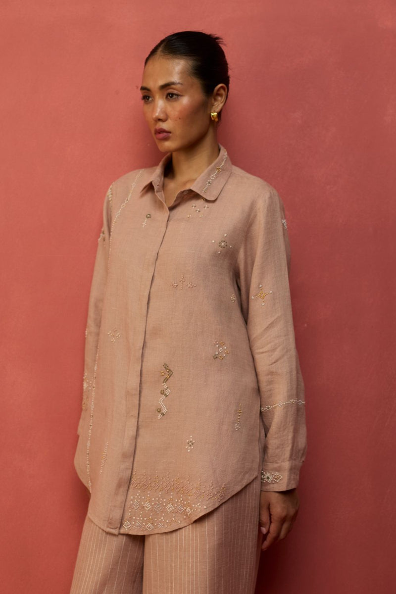Kira Hand-Embroidered Linen Co-ord Set - Dusty Rose by Manan for in Singapore
