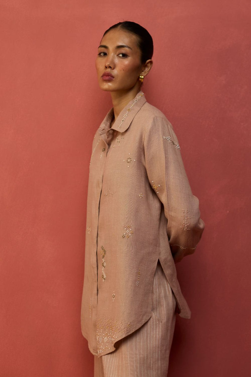 Kira Hand-Embroidered Linen Co-ord Set - Dusty Rose by Manan for in Singapore