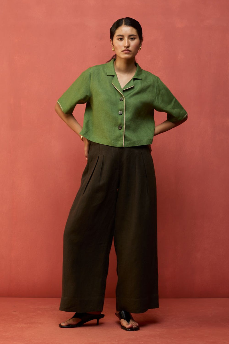 Kiera Cuban Collar Linen Co-ord Set - Fern Green by Manan for in Singapore