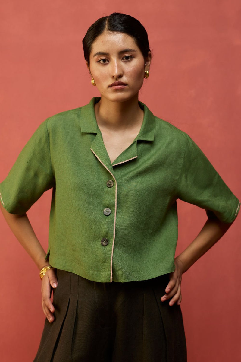 Kiera Cuban Collar Linen Co-ord Set - Fern Green by Manan for in Singapore