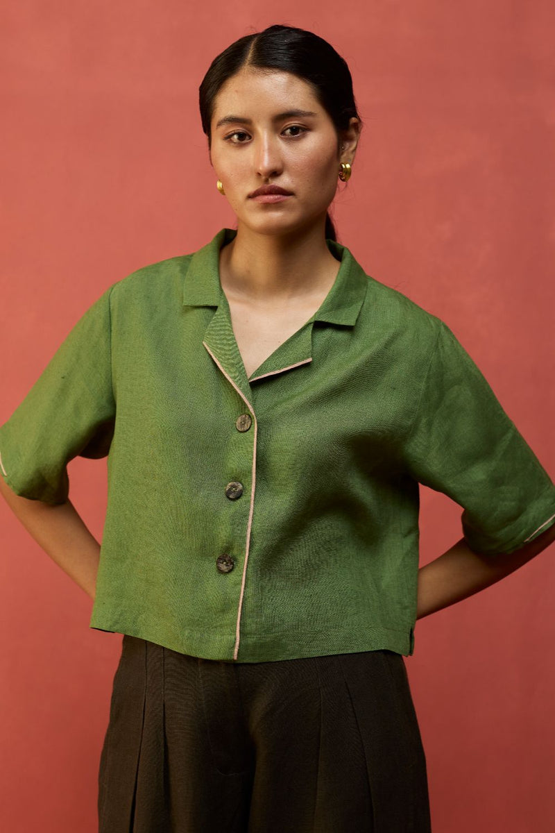 Kiera Cuban Collar Linen Co-ord Set - Fern Green by Manan for in Singapore