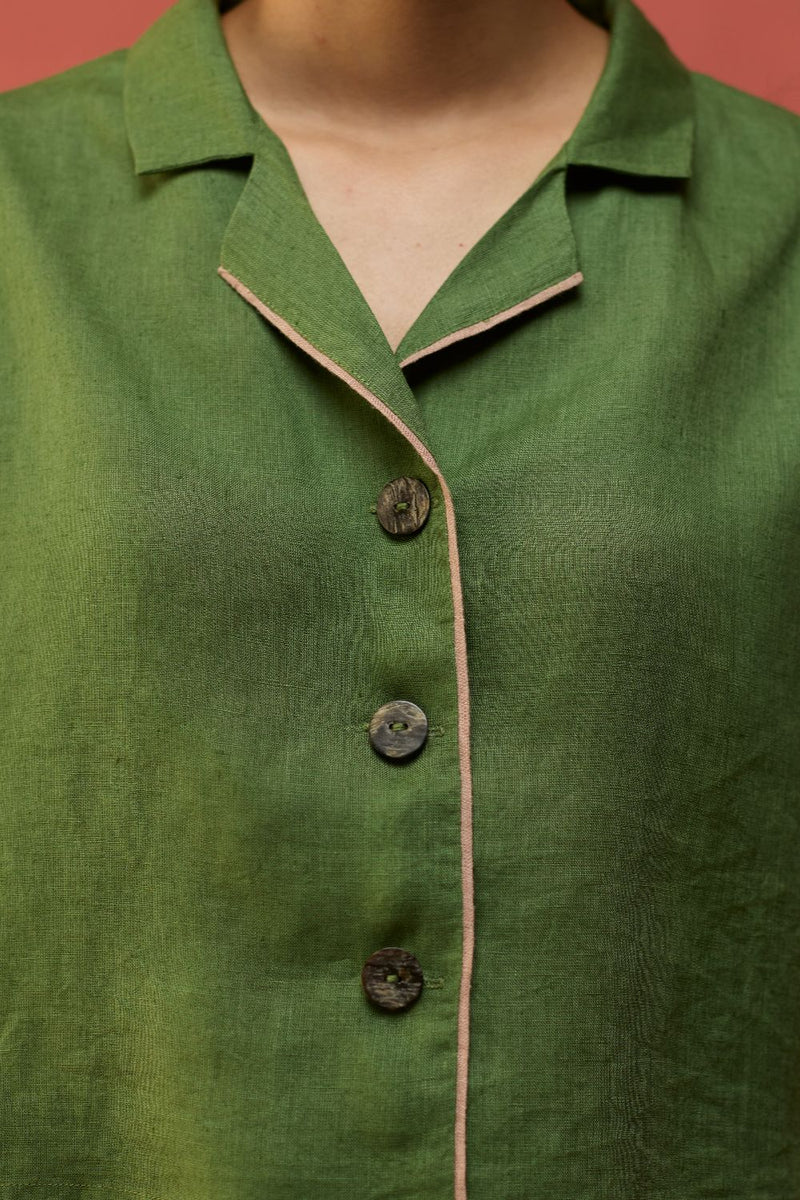 Kiera Cuban Collar Linen Co-ord Set - Fern Green by Manan for in Singapore