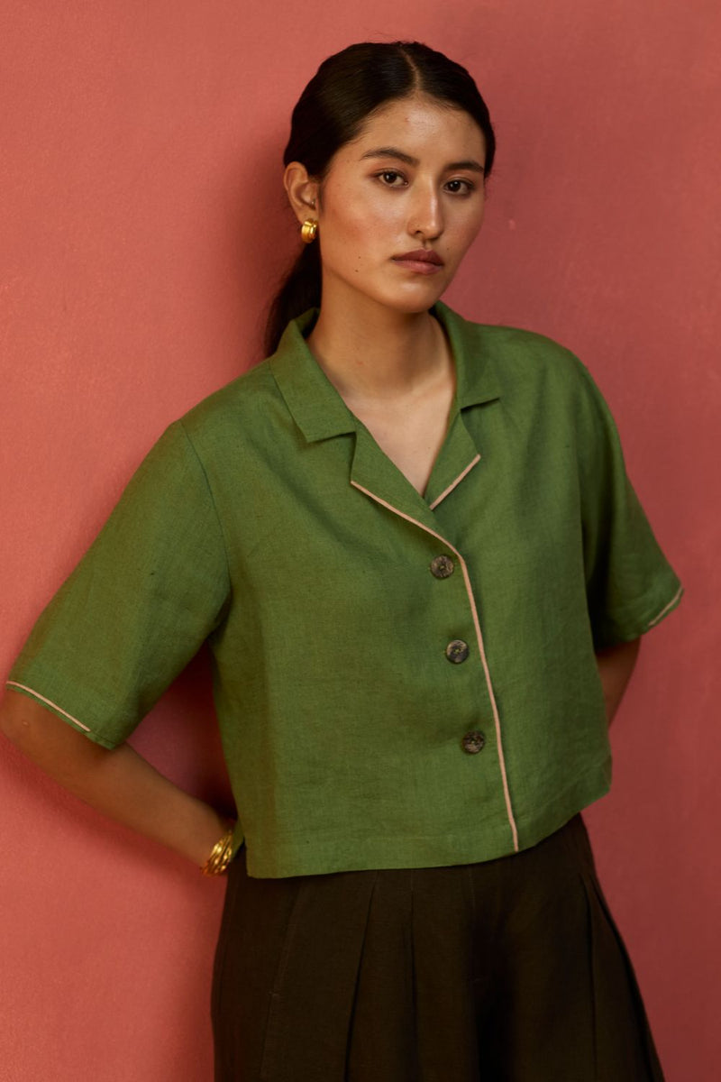 Kiera Cuban Collar Linen Co-ord Set - Fern Green by Manan for in Singapore