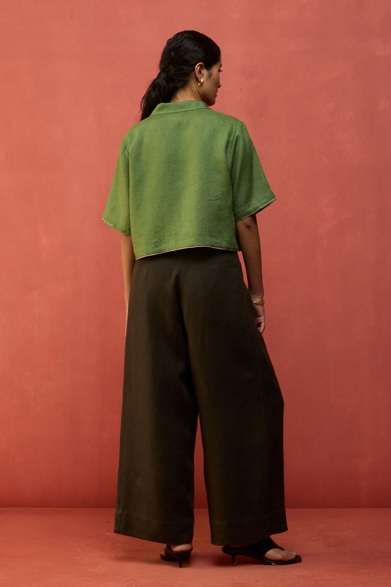 Kiera Cuban Collar Linen Co-ord Set - Fern Green by Manan for in Singapore
