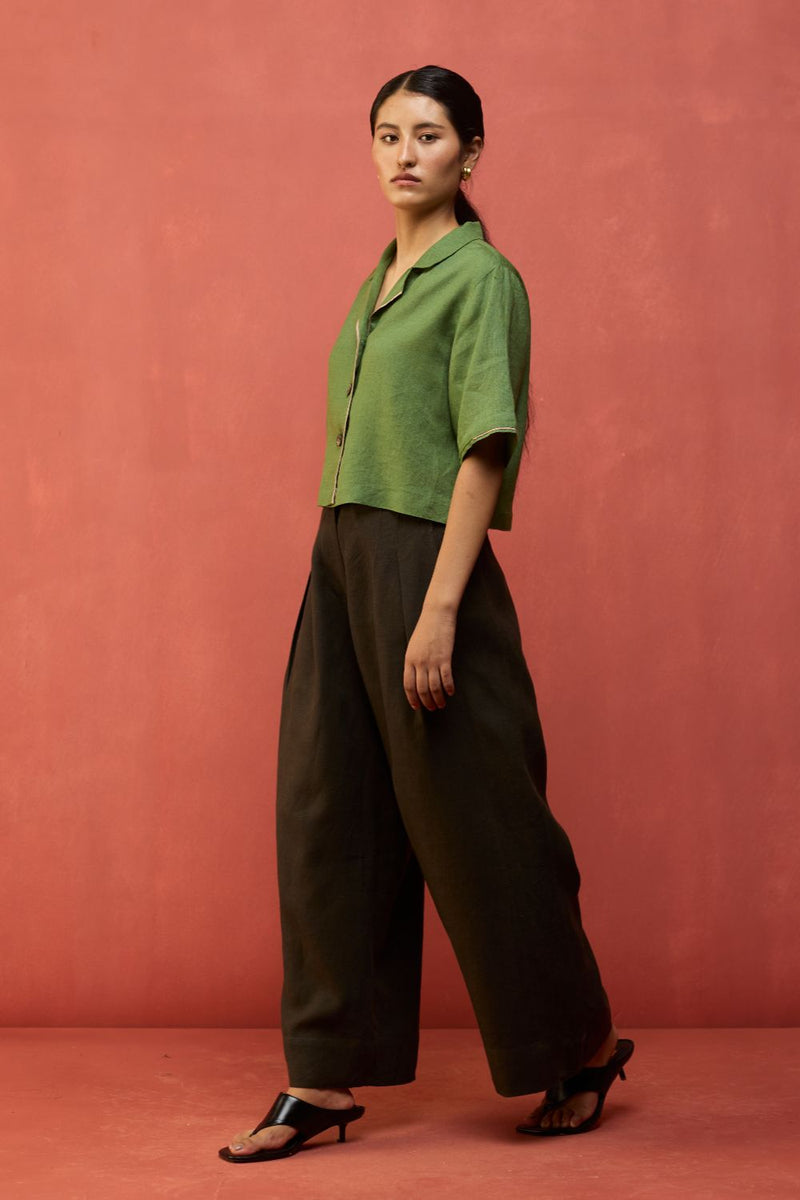 Kiera Cuban Collar Linen Co-ord Set - Fern Green by Manan for in Singapore