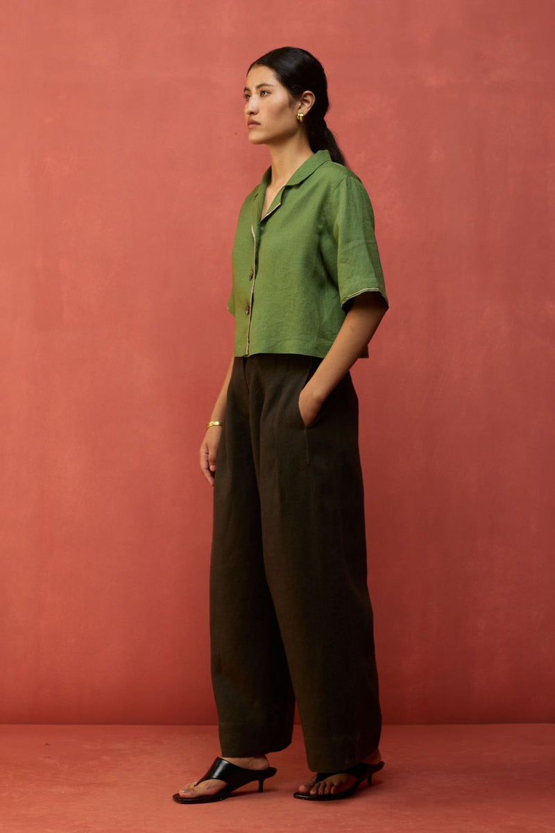 Kiera Cuban Collar Linen Co-ord Set - Fern Green by Manan for in Singapore