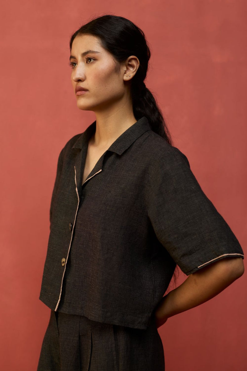 Kiera Cuban Collar Linen Co-ord Set - Charcoal by Manan for in Singapore