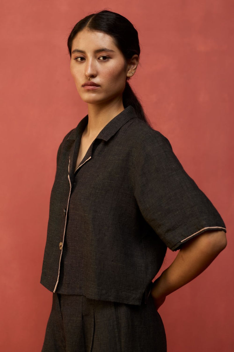 Kiera Cuban Collar Linen Co-ord Set - Charcoal by Manan for in Singapore