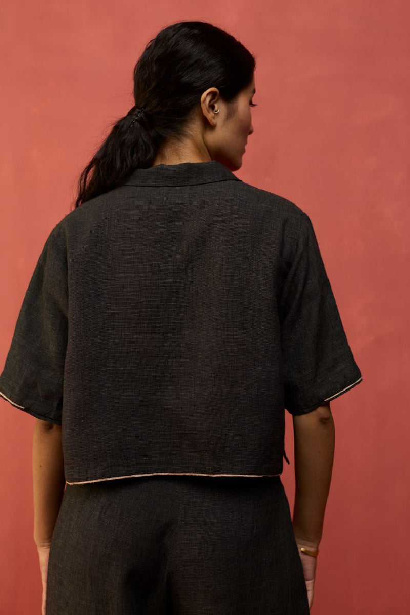 Kiera Cuban Collar Linen Co-ord Set - Charcoal by Manan for in Singapore